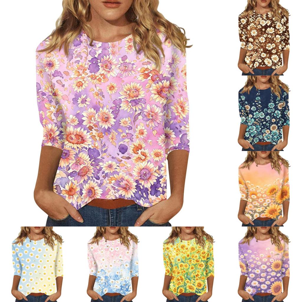 Women's Casual Floral Print Round Neck Three Quarter Sleeve Top Lightweight Comfortable Fit Suitable for Everyday Wear
