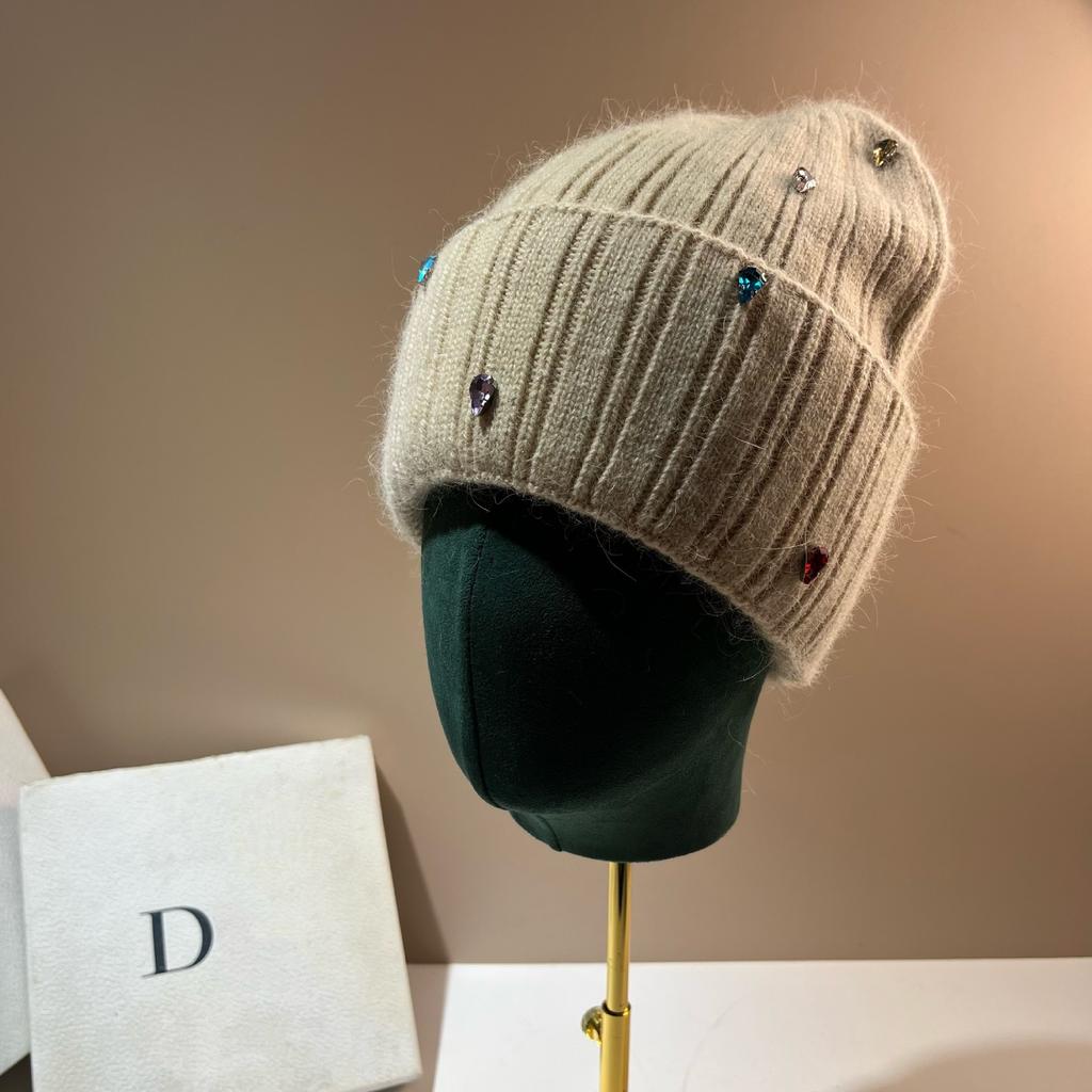 [Rabbit Fur] Water Drop Diamond Plush Knitted Hat, Winter Sweet Colored Diamond Plush Warm Soft Waxy Ear Protector Cold Hat