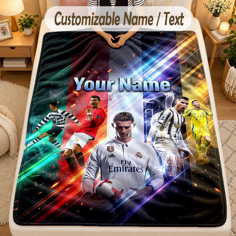 Flannel BlanketCristiano Ronaldo Custom Name Text Personalized Soft Warm Throw Blanket Home Decor Gift