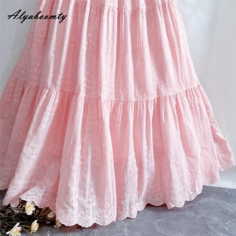 Japanischer Mori Girl Frühling Sommer Damen Rosa Rock Elastischer Bund Blumenstickerei Weicher Rock Eleganter Femininer Baumwolle Damenröcke