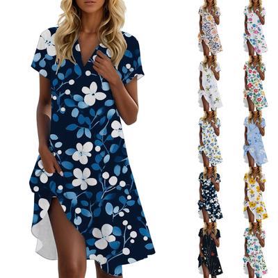 Damen Freizeitmode Stehkragen Blumendruck Kurzarmkleid