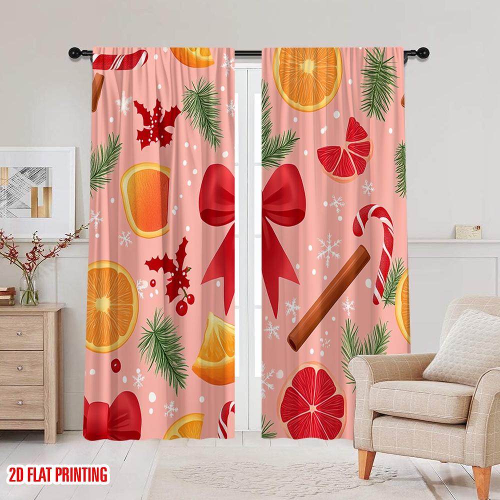 2pcs,2D plane printing Light Filtering Curtains Christmas Bows Candy Cane Ornaments (4) 100% Polyester (without rod) All Seasons