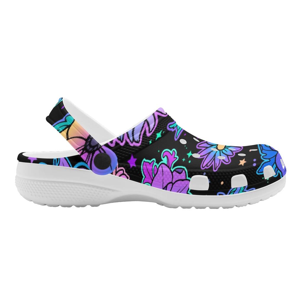White EVA Clogs with Rainbow Skull Print, Lightweight Slip On Garden Shoes, Breathable Beach Sandals, Indoor Outdoor Slippers for Men Women