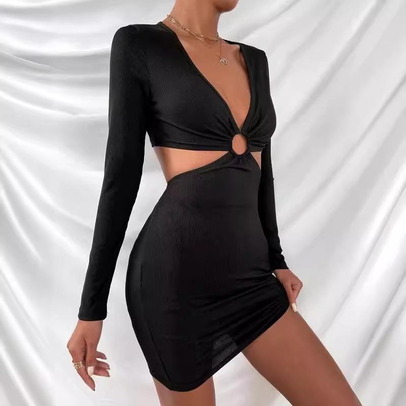 Updated Womens Clothing Explosion Hollow Long-sleeved Low-necked Sexy Dress Dress