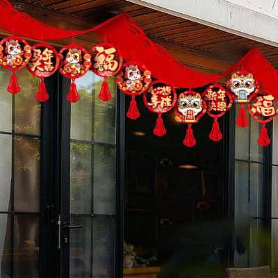 13pcs Large Size New Year Hanging Decorations Horse Cartoon Spring Festival Banner Red Polyester Paper-cut Tassel Pendants Porch