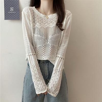 Hollow Out Lazy Crochet Knit Sweater Sunscreen Long Sleeved Cover Shirt Loose Short Top