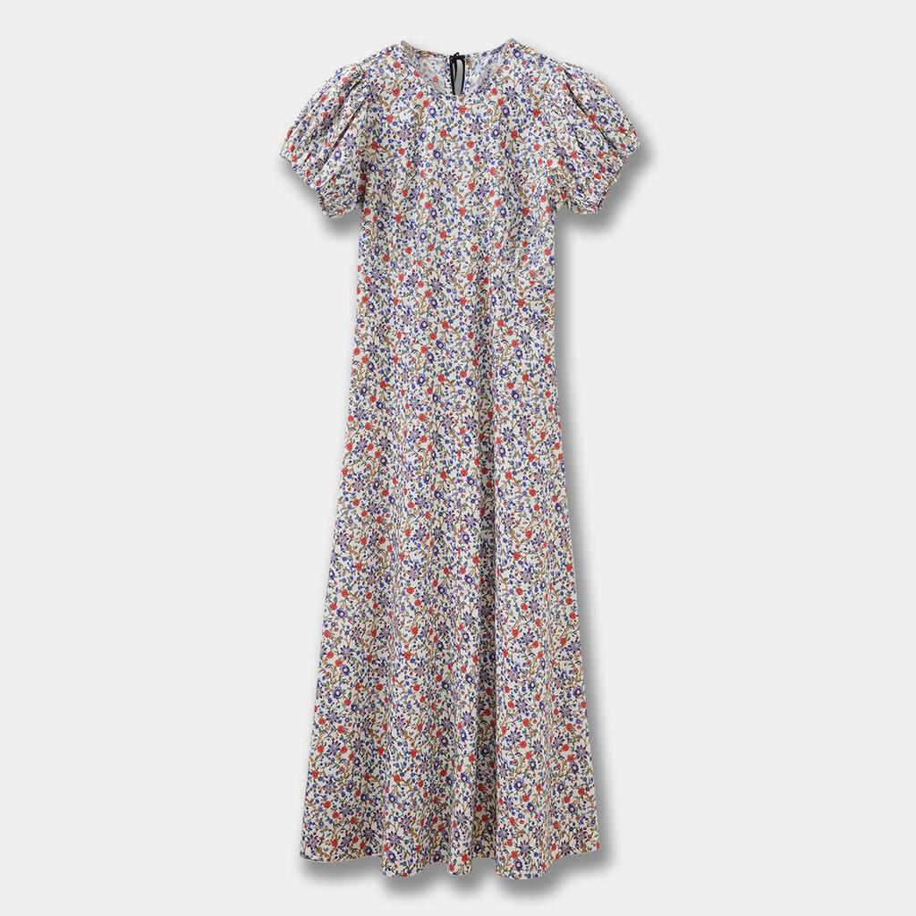 Pastoral Floral Cotton Puff Sleeve Slim Long Dress - Romantic Spring/Summer Women's Wear