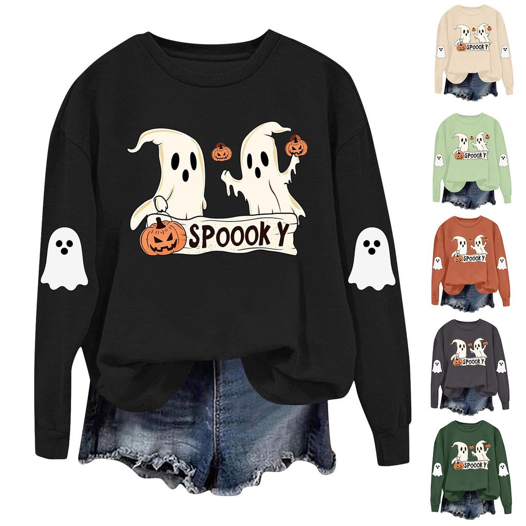 Dame Moteable Casual Langermet Halloween Trykket Rundhals Topp