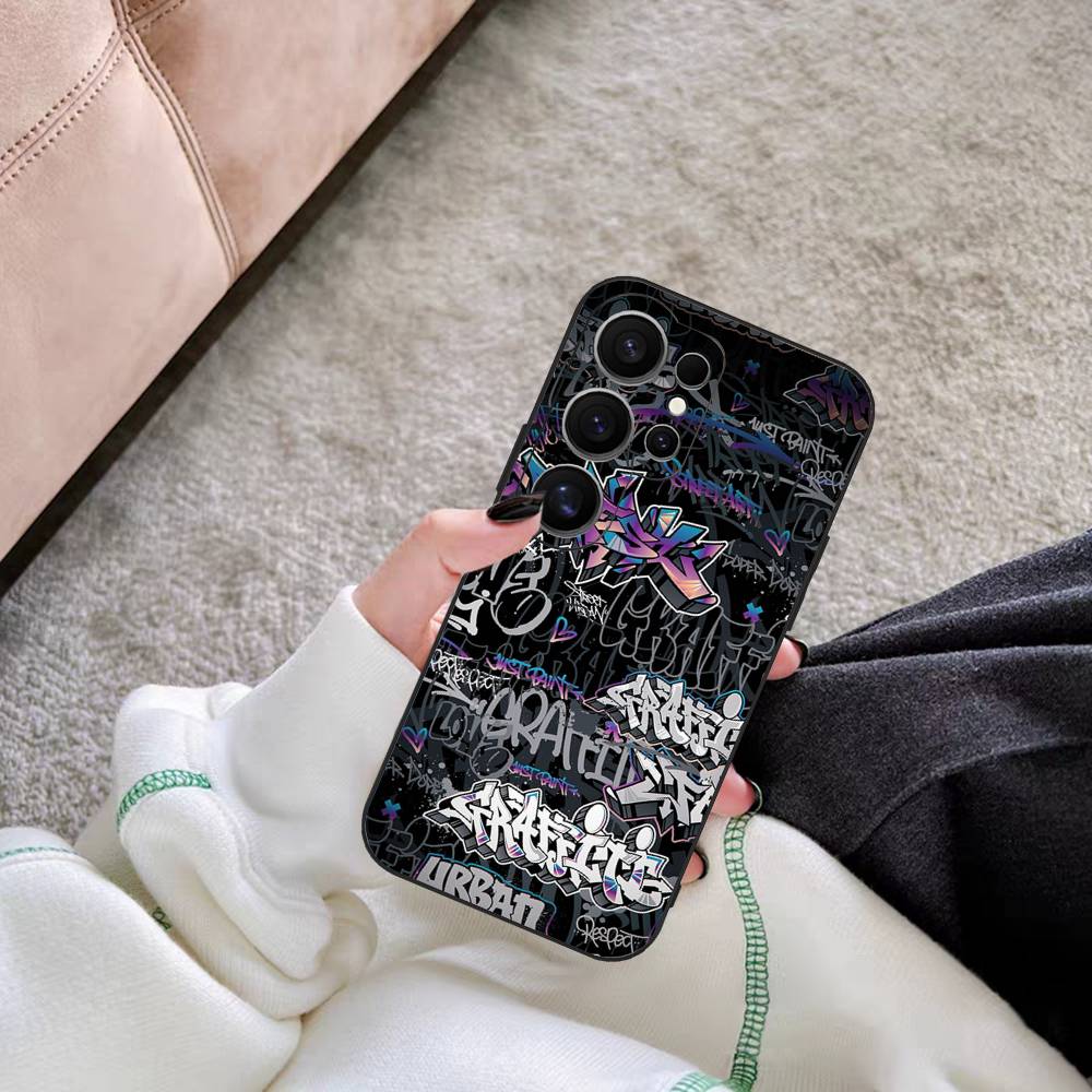 Cool Black Graffiti Phone Case For Samsung S 20 21 22 23 lite plus ultra Clear Mobile Cover Funda