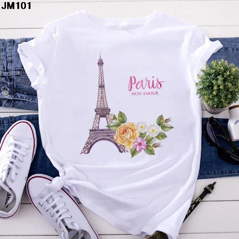 Fashion Women's Tops Tshirt Harajuku Paris Eiffel Tower Printing T Shirt Casual Streetwear Short Sleeve Female T-shirts Clothing