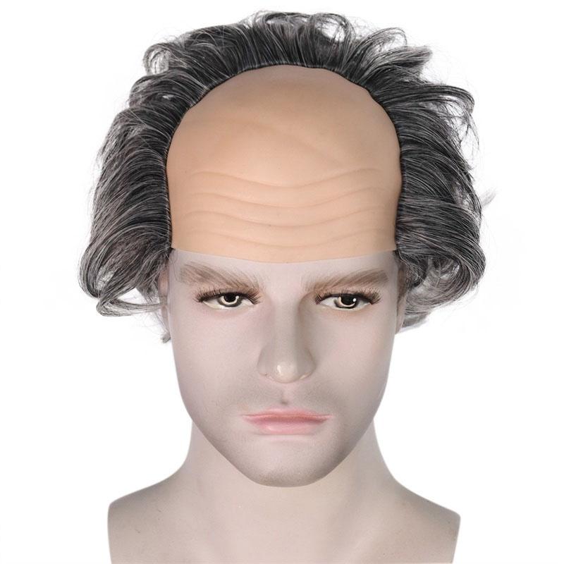 Synthetic Old Men Grey Wig Set with Mustache and Eyebrows Bald Cap with Hair On Sides Balding Grandpa Wigs Costume Halloween Wig