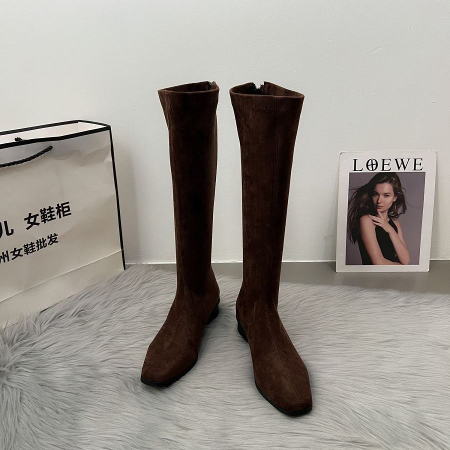Coarse Heel Suede Elastic Boots But Knee Boots Women's Shoes Autumn and Winter 2025 New Rear Zipper Tall Thin Boots