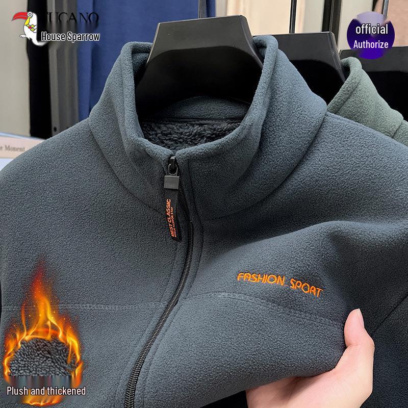 Woodpecker Men's Winter Polar Fleece Stand Collar Hoodie Double-Sided Berber Fleece Shell Jacket