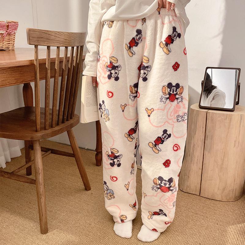 Korean Style Women's Fleece Pajama Pants - Flannel Cartoon Design for Autumn and Winter