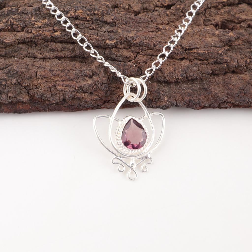 Natürlicher Rhodolith Edelstein 925 Sterling Silber Schmuck Handgefertigter Lotus Anhänger PP-38-41