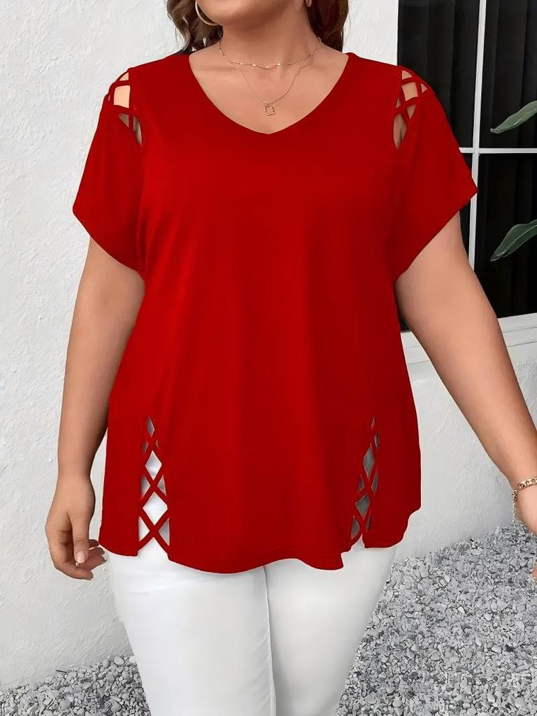 Women V Neck Short Sleeve Top Side Cut Out Design Casual Blouse Multiple Colors