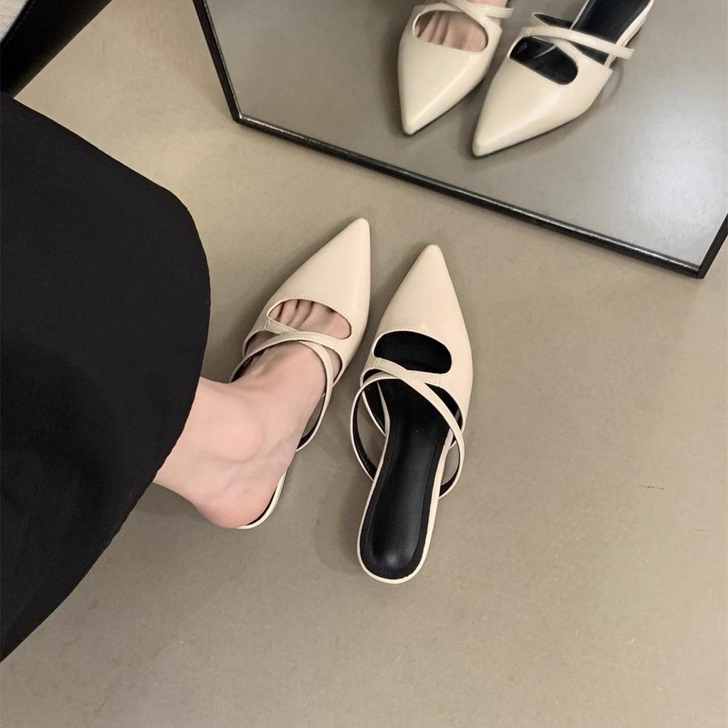 Women's bag head half slippers women's summer wear pointed head temperament soft leather flat bottom sandals