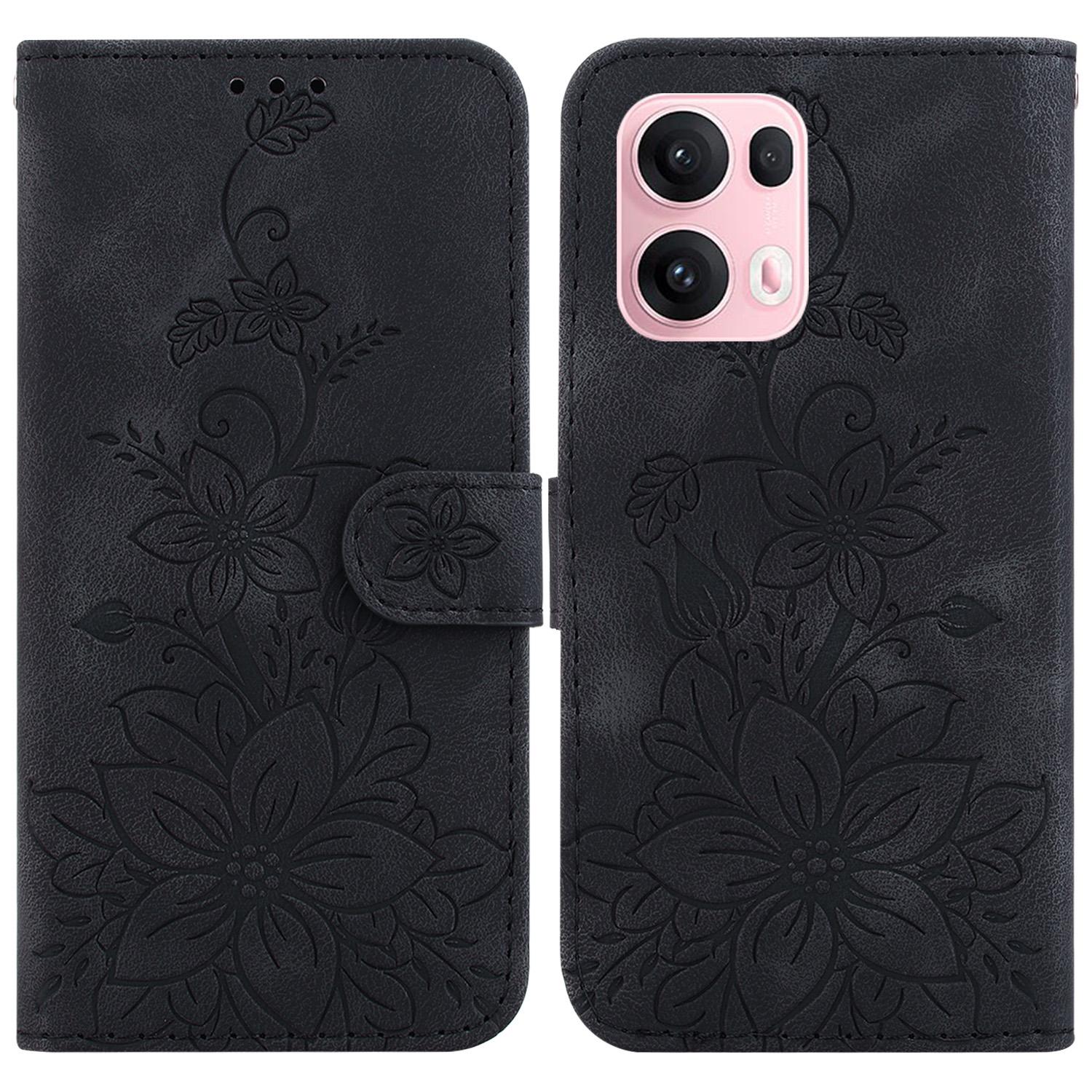

For Oppo Reno13 Pro 5G Case Lily Flower Imprint Leather Phone Cover with Stand Black