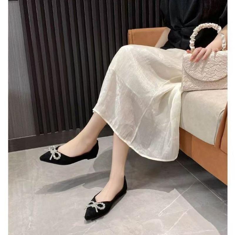 Autumn new daily sweet bow rhinestone single shoes pointed bow stiletto flat heels