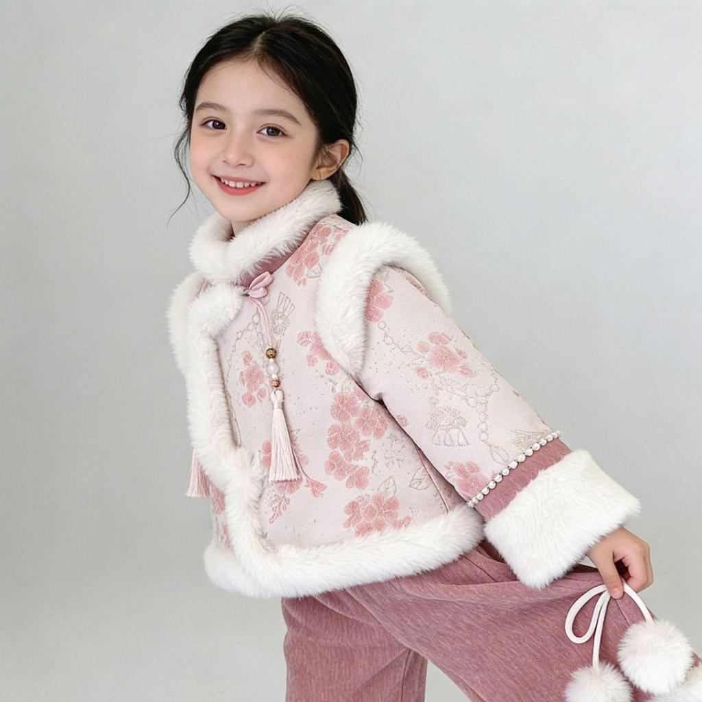 Zimowy dwuczęściowy zestaw dla dziewczynek w chińskim stylu z obszyciem ze sztucznego futra: Aksamitny Top i Spodnie
