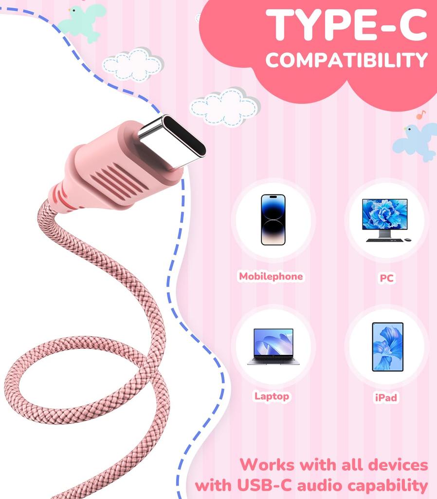 KONNAO Upgrade USB Type C Kids Headphones with Wired Headphones for Boys and Volume Limit Adjustable Microphone, Girls, 85dB/94dB (Pink)