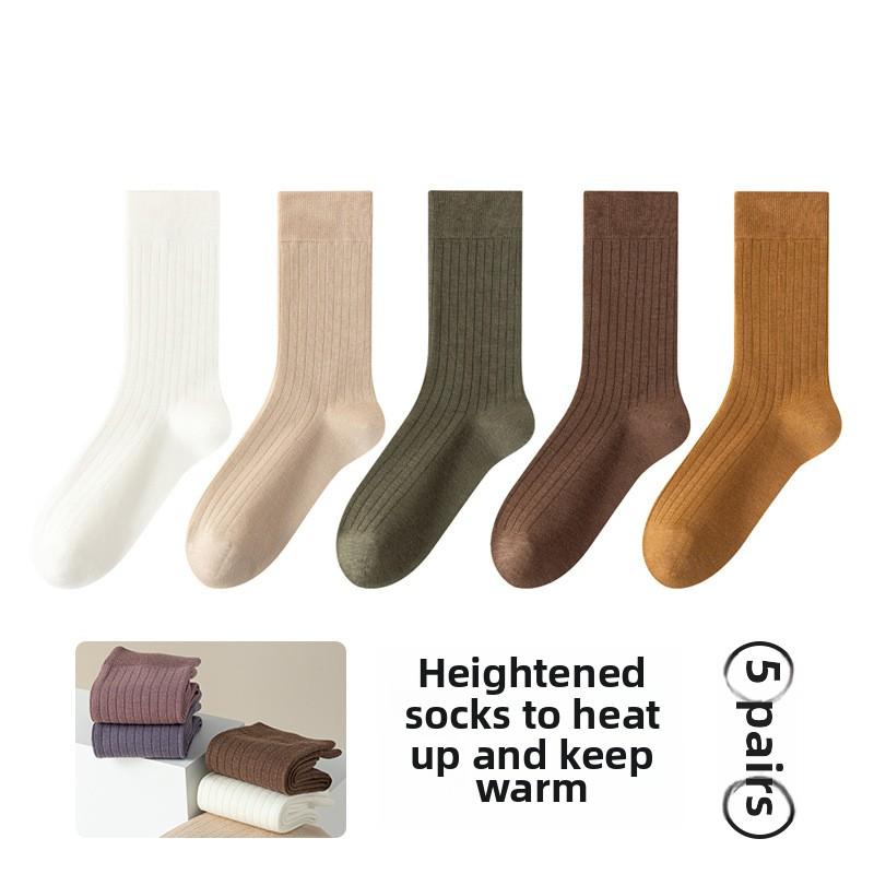 5 Pairs of Female Autumn and Winter Pure Color Warm Boneless Sweat Absorption Breathable Plus Long Pile Socks
