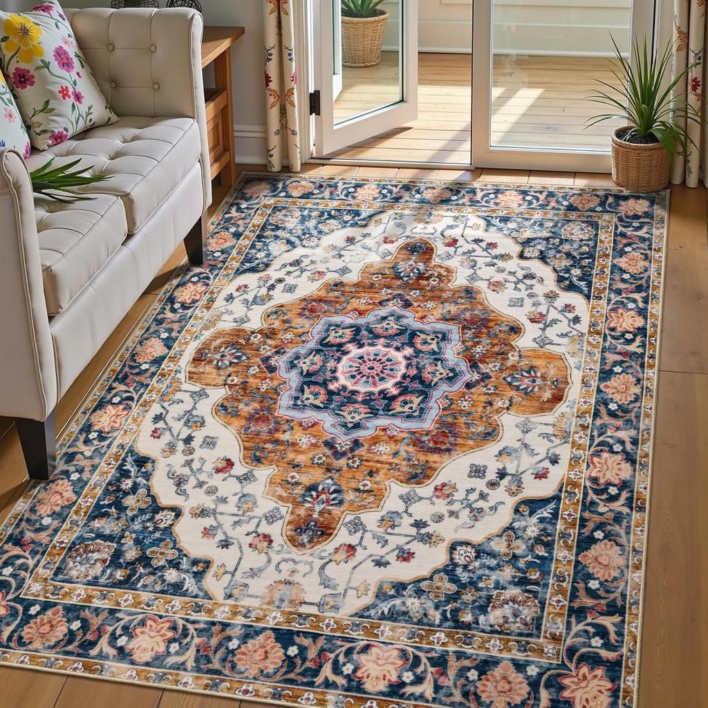 Red Boho Rug for Entryway, Non-Slip Washable Rugs Oriental Indoor Mat Floor Carpet for Entrance Bedroom Kitchen Bathroom