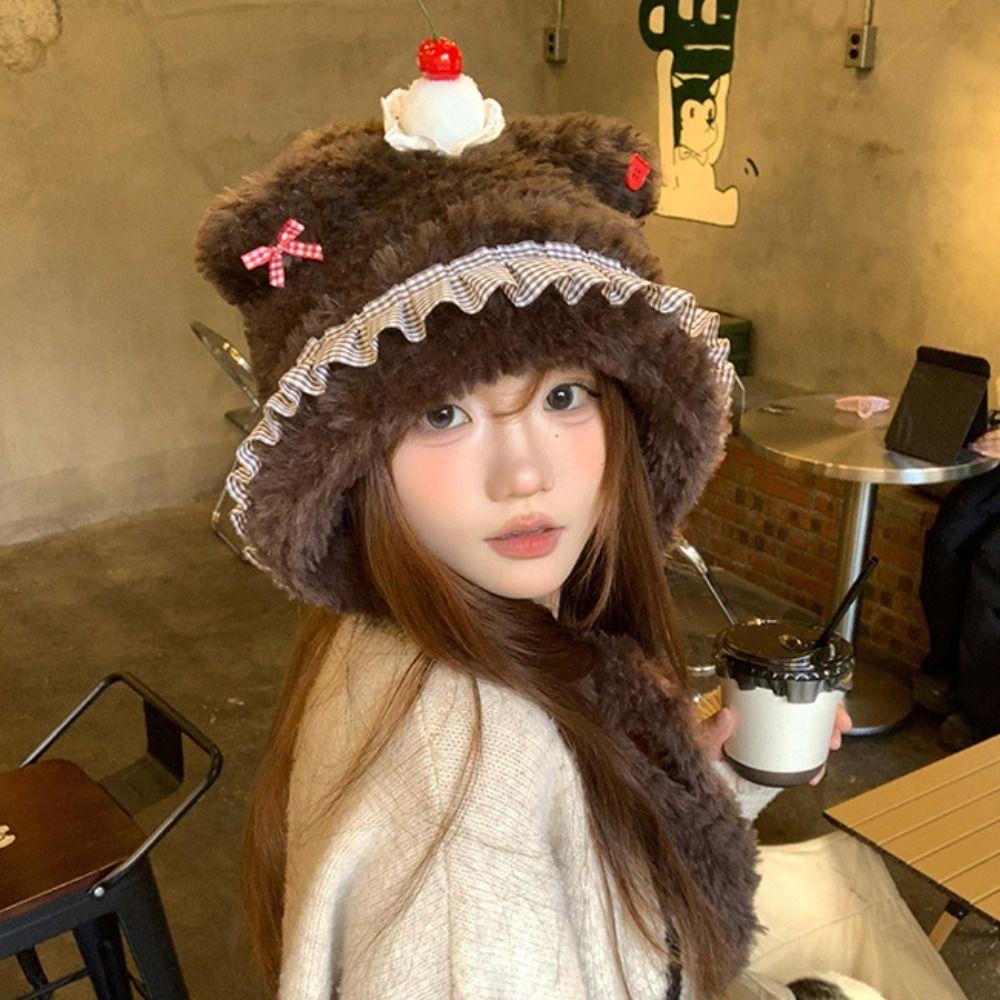 Warm Thick Plush Knitted Hat Cherry Bow Pullover Hat Cute Beanies Hat Winter Outdoor