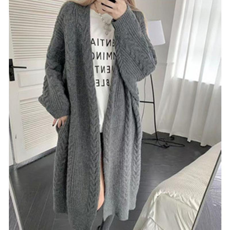 Vintage Lazy Style All-match Knitted Hemp Pattern Autumn and Winter Loose Thick Warm Long Cardigan Sweater Coat Women's Clothing