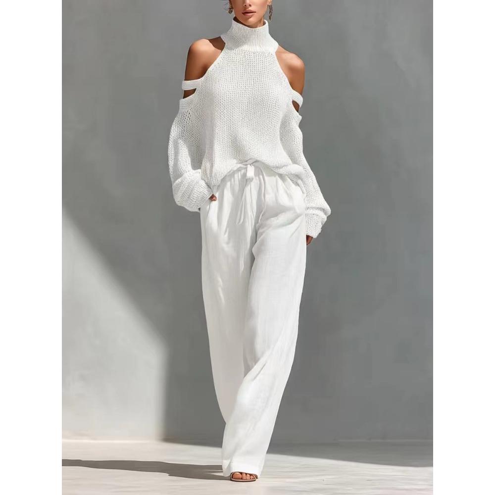 

Europe, America, women s clothing, solid color long-sleeved turtleneck top and trousers two-piece set XXXL білий