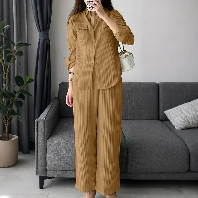 

ZANZEA Женская блузка с длинным рукавом и брюки повседневный комплект из двух частей XL хаки