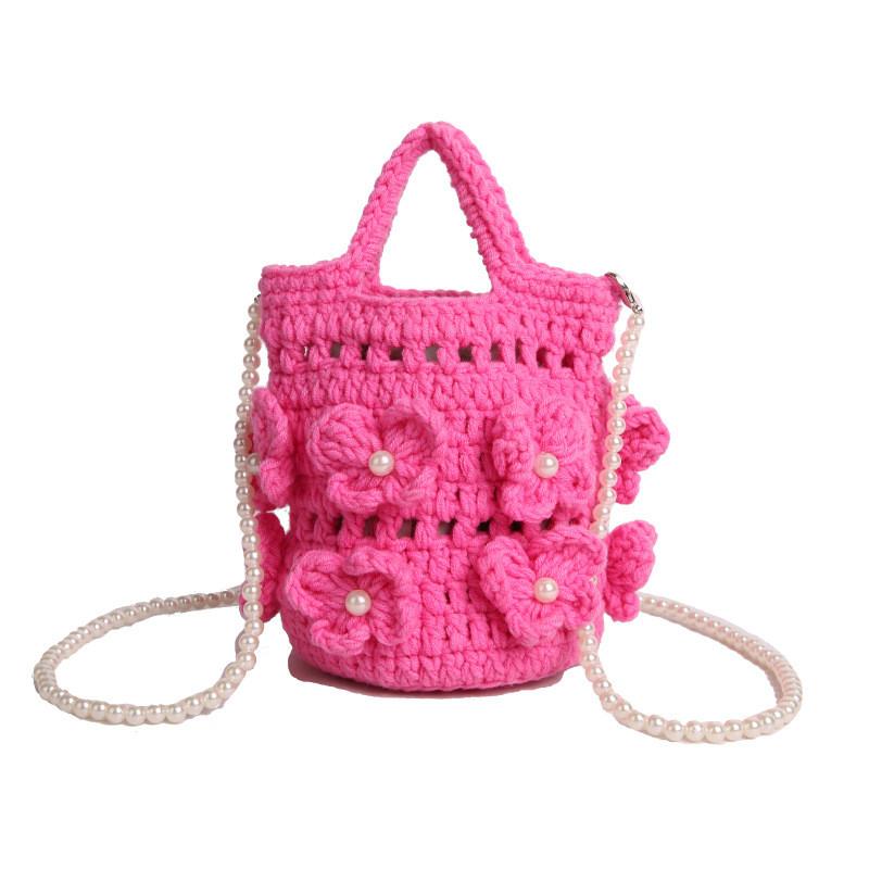 Handwoven Knit Bucket Bag For Daily Use With Splicing And Hollow Design