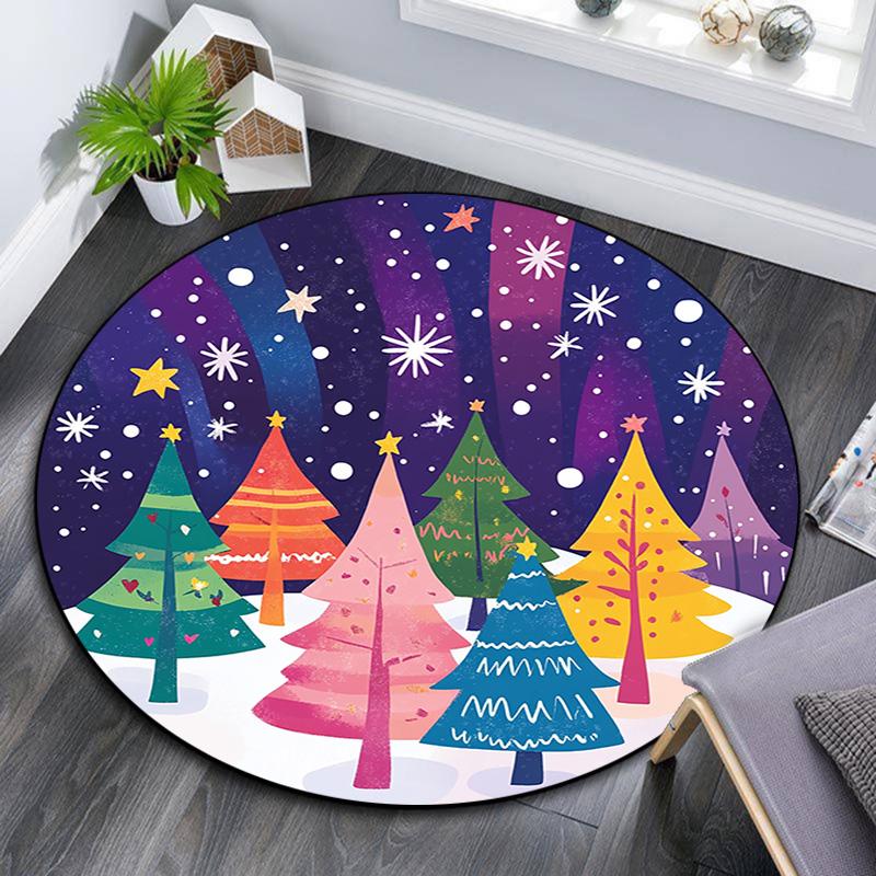 Colorful Trees Snow Winter Round Area Rug,Carpet Rug for Living Room Bedroom Sofa Playroom Decor,Non-slip Floor Mat