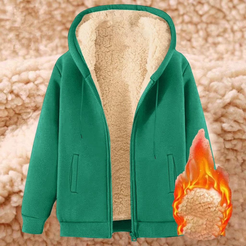 Women's Fashion Fleece-Lined Thermal Top Solid Color Hoodie Jacket With Pockets