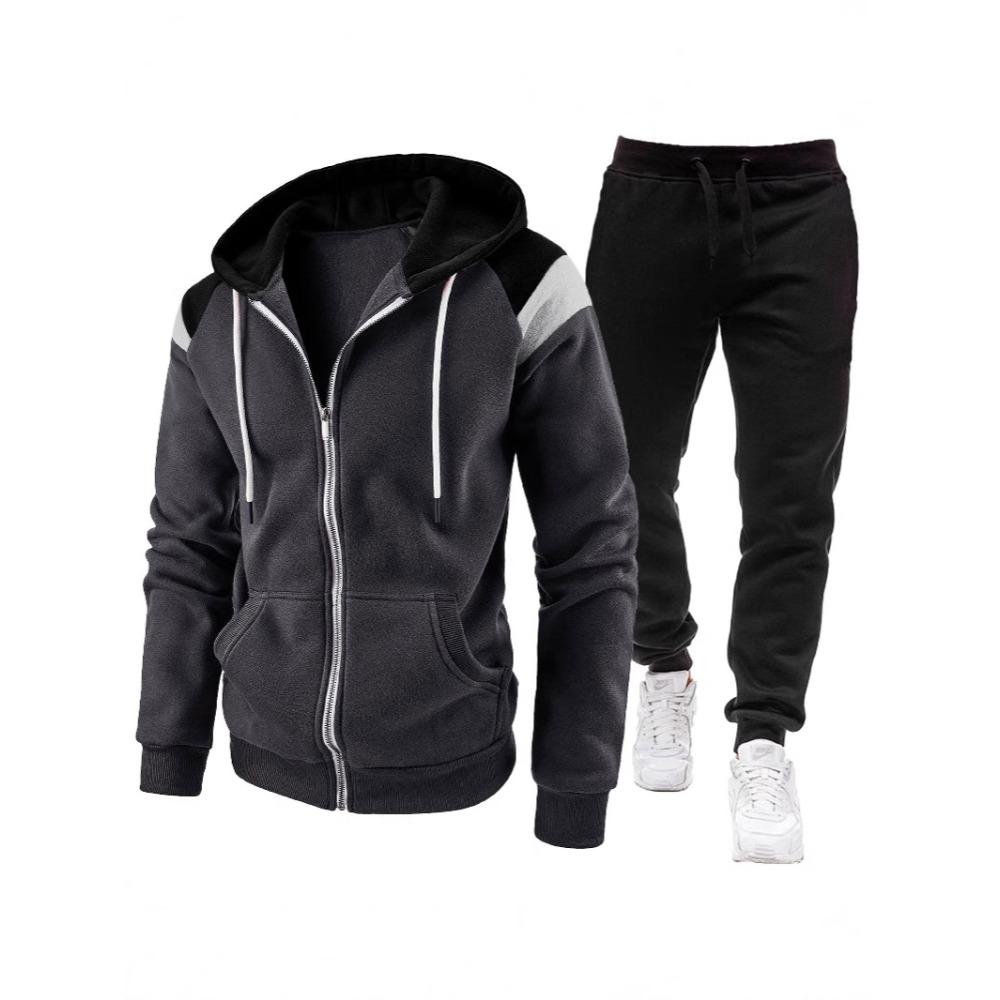 Men s Color Blocked Fashion Zipper Casual Sports Hoodie Set L