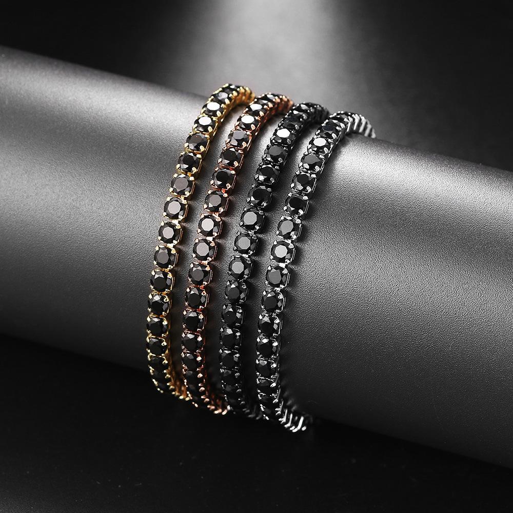 Hip Hop Full Diamond Black Zircon Tennis Bracelet For Men And Women, Round Rectangle Bracelet