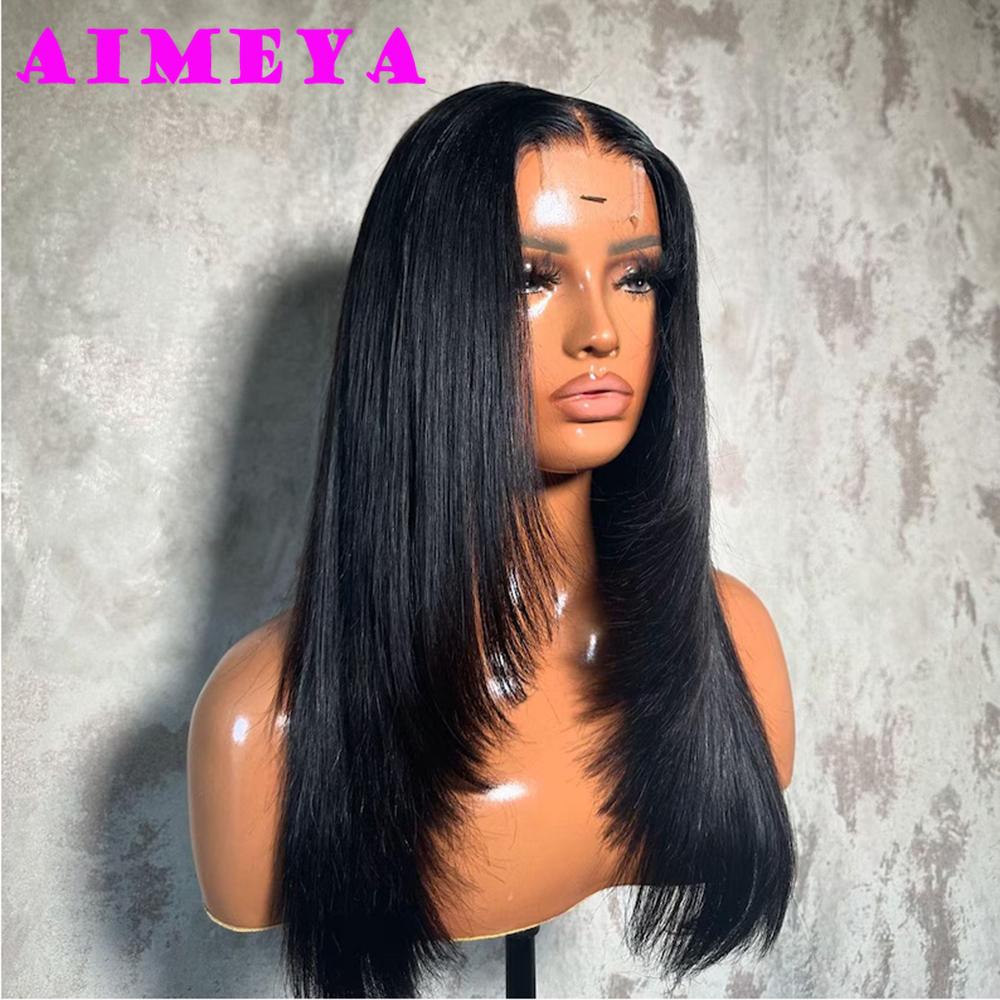 AIMEYA Layered Cut Wig Burgundy Lace Front Silky Straight Wig for Women Long Synthetic Lace Wigs Heat Resistant Fiber Daily Use