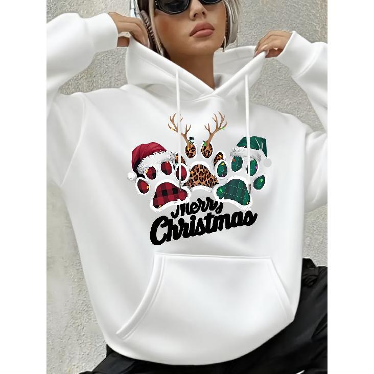 Women's New Autumn/Winter Christmas Footprint Print Fleece-Lined Drawstring Hoodie, Casual & Fashionable