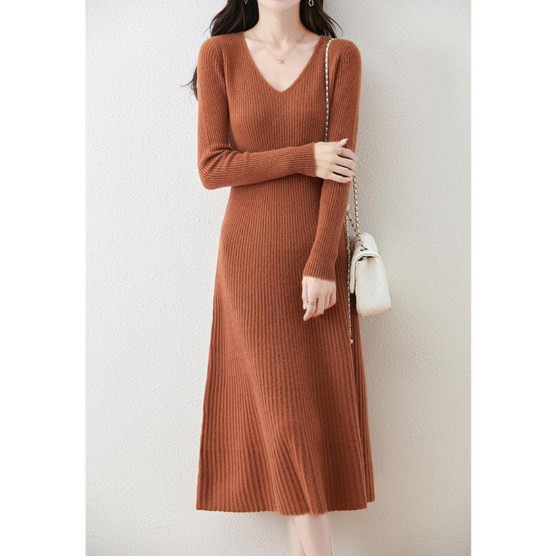 Solid color v-neck medium and long knitted dress for women's autumn and winter new temperament slim and thin over the knee primer sweater skirt