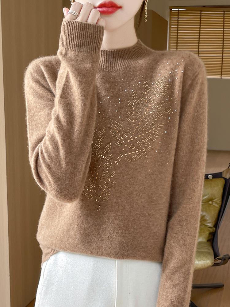Women's Autumn/Winter Pure Wool Half-High Collar Sweater - Warm, Seamless, Non-Itchy, Hot-Drill Design