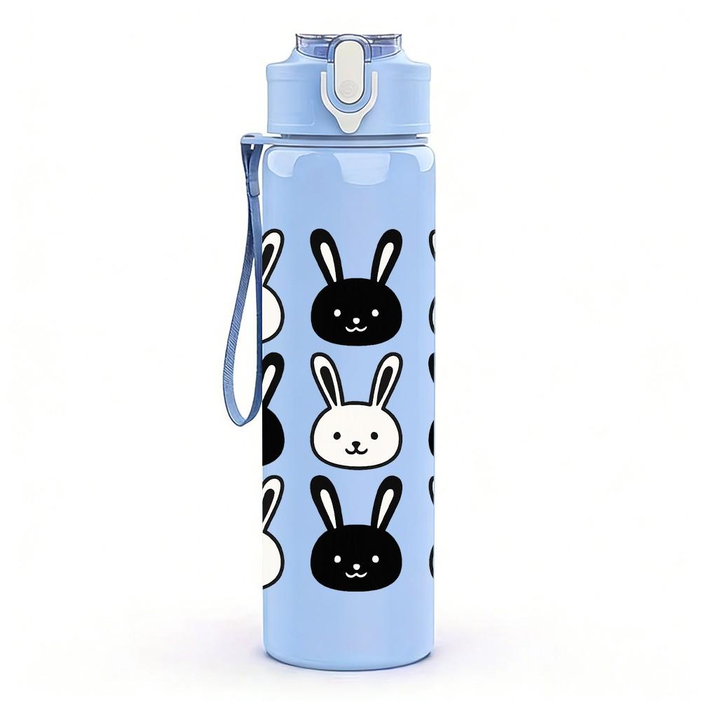 1PC Black White Rabbit Repeat Grid 750ml Color Plastic Sports Water Bottle Leakproof Flip Straw Lid For Sports Office Home Use