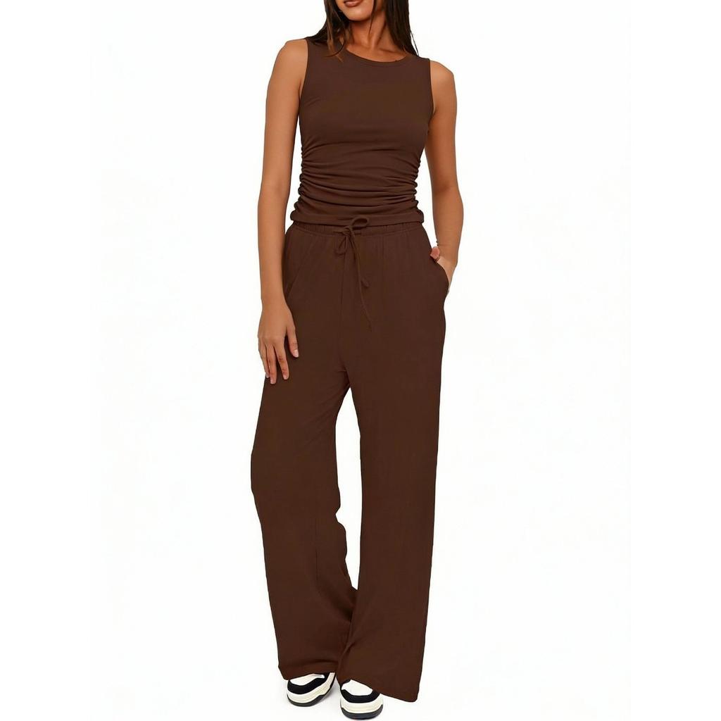 Women's Casual Two Piece Outfit Sleeveless Ruched Tank Top Drawstring High Waist Wide Leg Pants Tracksuit