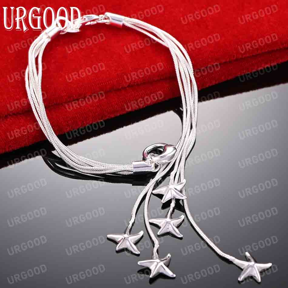 925 Sterling Silver Five Solid Starfish Chain Bracelet Fashion Wedding Jewelry