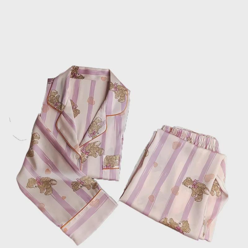 Spring Pink Striped Bear Pajama Set - Japanese Style Cartoon Homewear