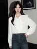 Chic French White Tie-Up Long Sleeve Women's Autumn Shirt - Casual Korean Style Loose Slimming Top