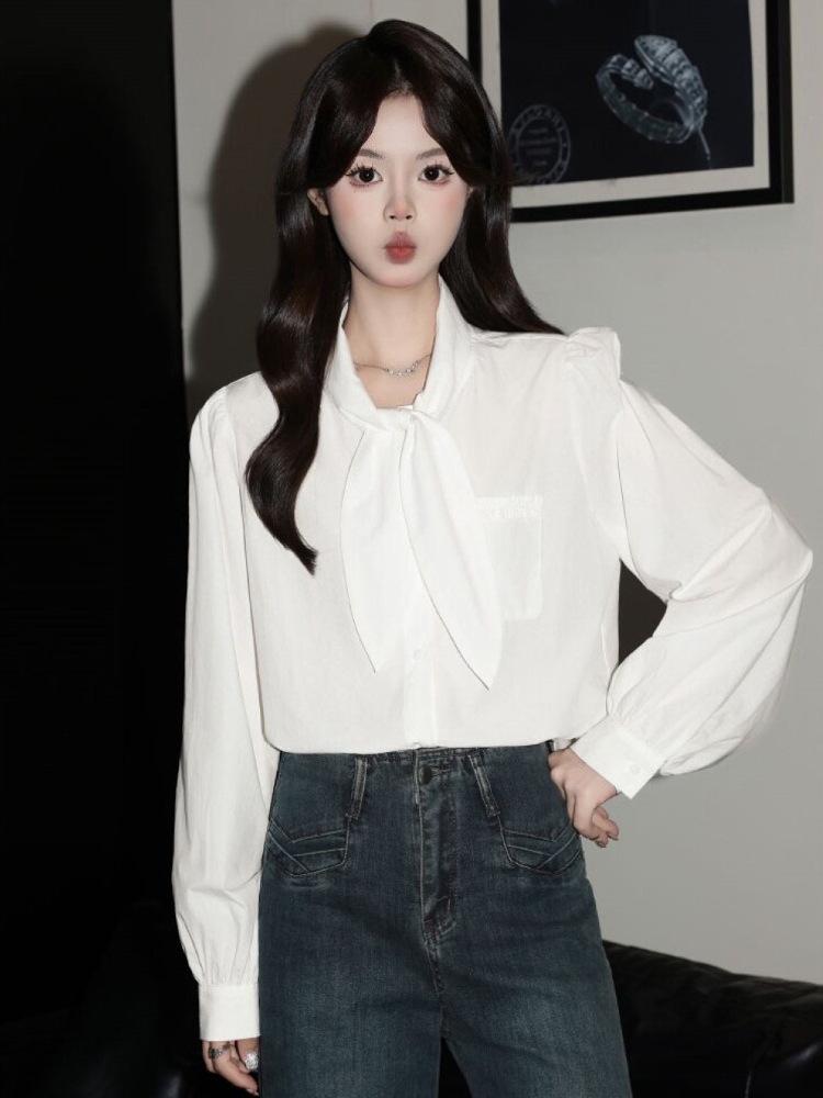 Chic French White Tie-Up Long Sleeve Women's Autumn Shirt - Casual Korean Style Loose Slimming Top