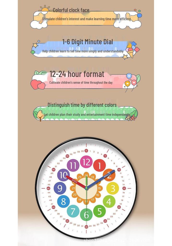 14" Silent Digital Children's Educational Wall Clock for Classroom & Home