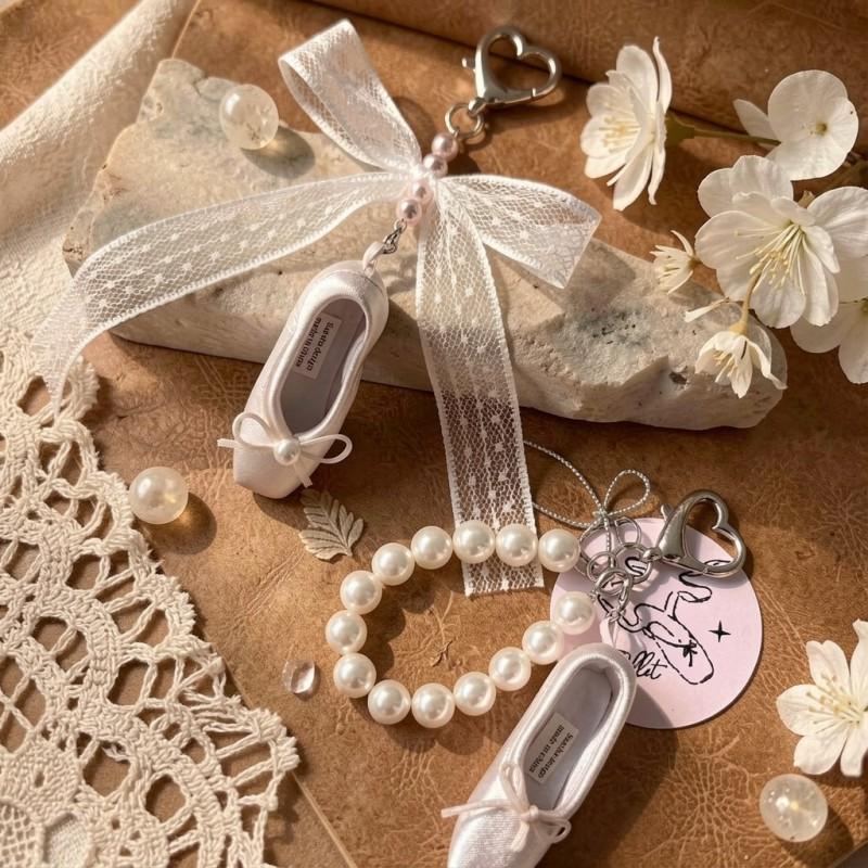 Sweet Korean Style Pink Ribbon Ballet Shoe Keychain With Pearl Charm Resin Accessory Girls