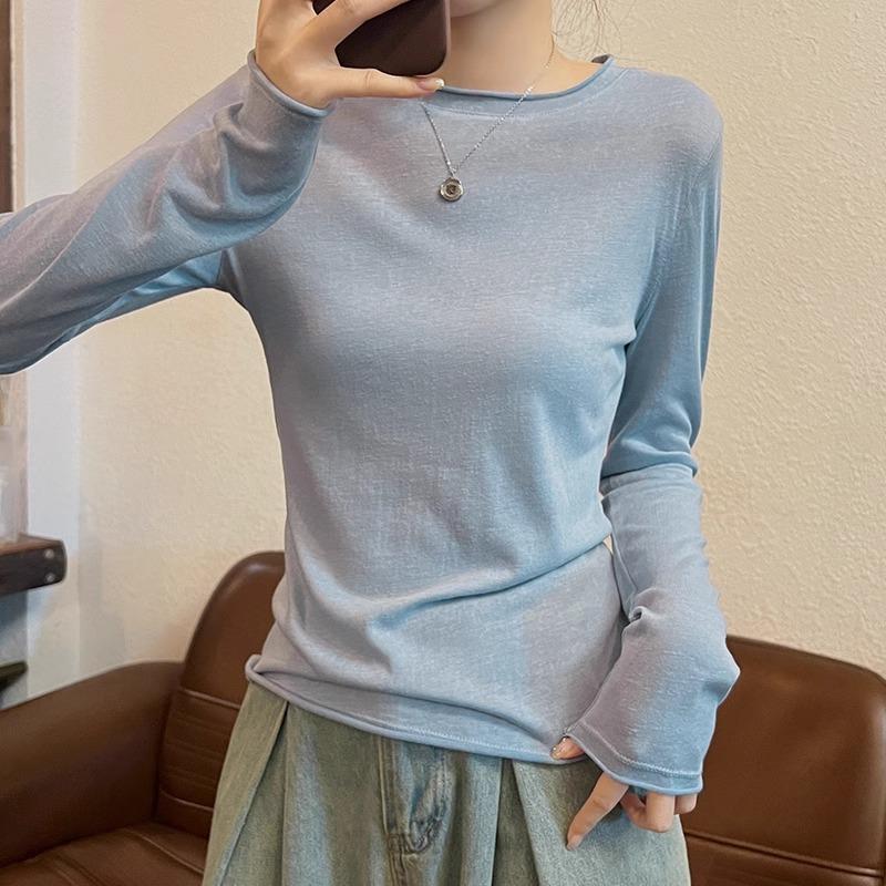 New white solid color summer thin slim round neck long sleeve t-shirt women's waist slim slim long top