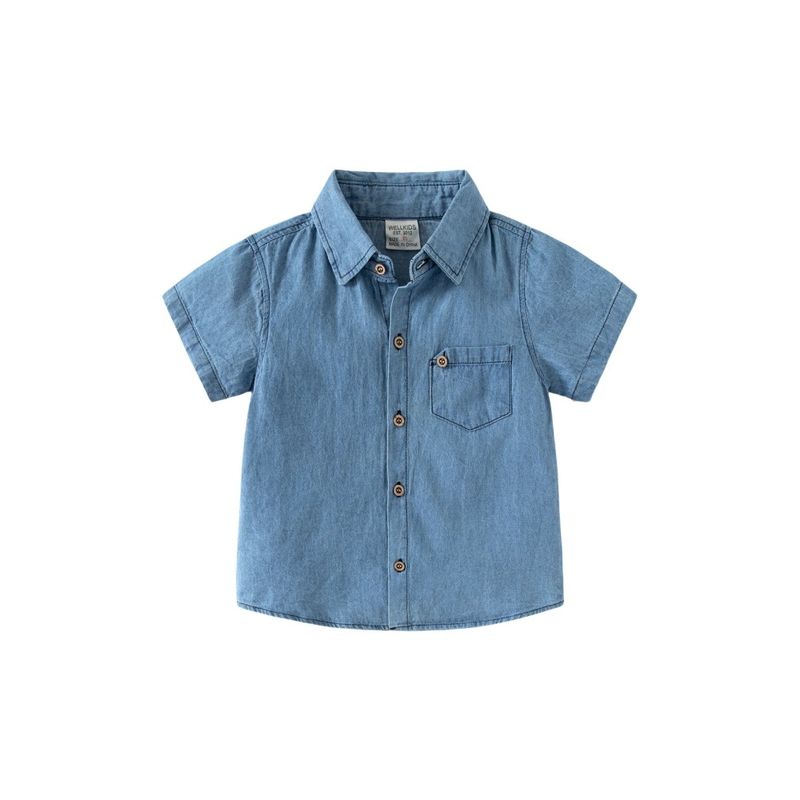 Summer Boys' Denim Short-Sleeve Shirt with Flap Pockets, Children's Collared Shirt, Baby Boy Casual Top, Children's Clothing